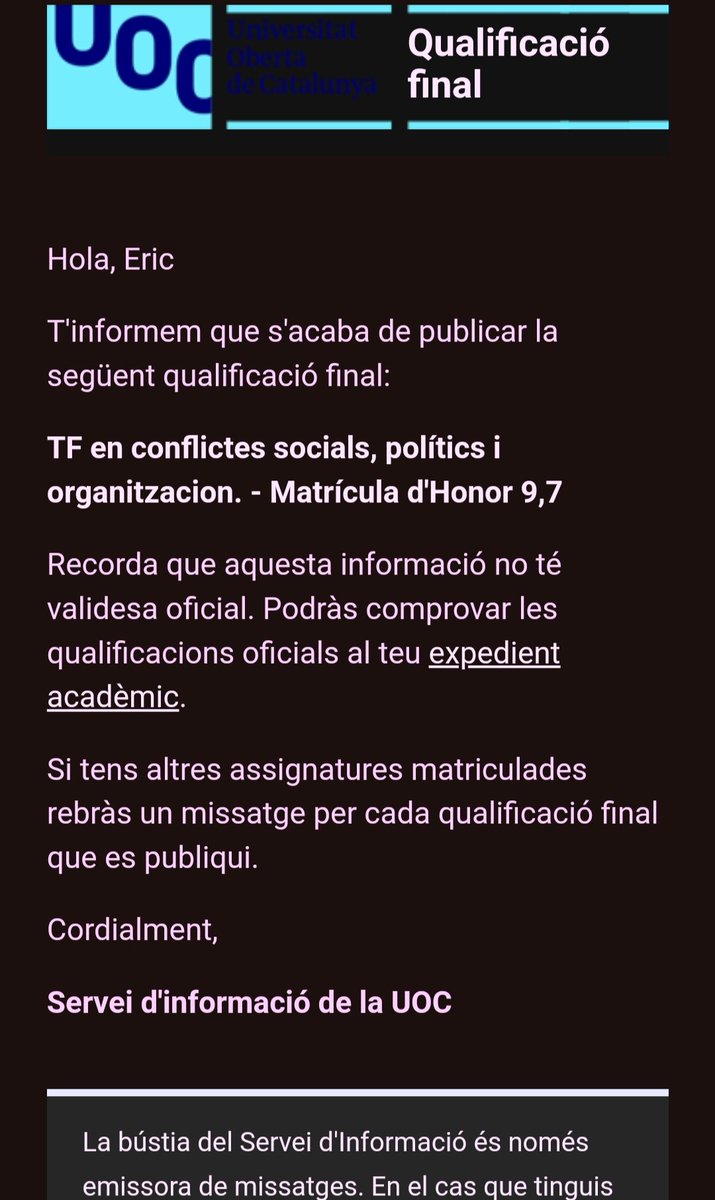 Ericrobis's tweet photo. Matrícula d'Honor al Treball Final del Posgrau de "Gestión y solución de conflictos sociales, políticos, comunitarios y organizacionales".

Un estudi centrat en la proposta de RAC, en un context de conflicte intercultural i intergeneracional.
@UOCuniversitat https://t.co/yoG1YOdT0p