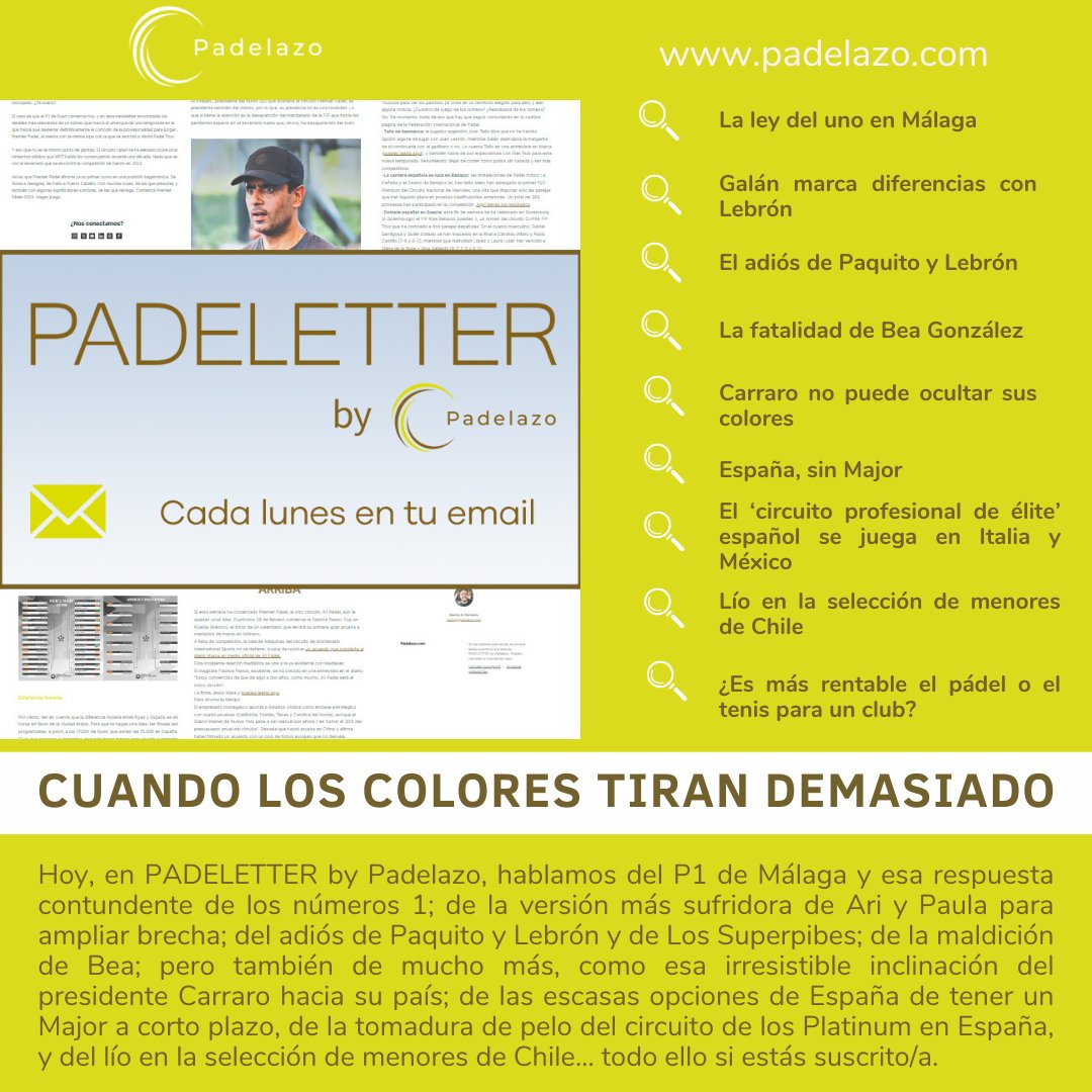 📨¡Lanzado PADELETTER by Padelazo! 
🔍Hoy, cuando los colores tiran demasiado. 

📝Suscríbete aquí: bit.ly/3uFlj2g

#padel #premierpadel #MalagaPremierPadelP1
