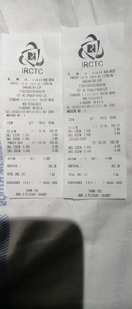 sushantr17's tweet photo. Is this will right for 4 plate meal of Rs.720 / #IndianRailways,#indianrail,@AshwiniVaishnaw
@GM_ECRly
PNR-4103282882
Trn:12295
Dt:15-07-24
Frm NGP to DNR
Cls:2A
P1-A2,18
P2-A2,40 https://t.co/GQOuTuLp2m