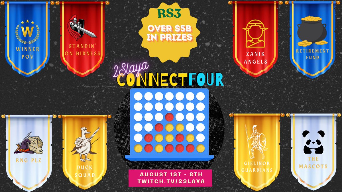 2Slaya's tweet photo. Connect 4 tournament captains have been selected and team names have been chosen! Tune in tomorrow night at 5pm EST to see the draft and start cheering on your favourite teams! Team captains are @moxielf @UrBoiDakota @God_Jamot @SilencedRS @Aco__97  Affinis, Reapz and JelllyDucks https://t.co/ejKtTcLaA3