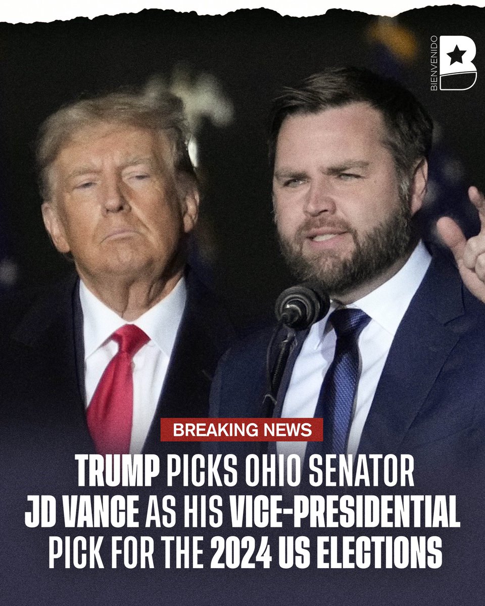 bienvenido_us's tweet photo. 🚨 Breaking News 🚨 Donald Trump names Ohio senator JD Vance as vice-presidential running mate.
#elections #elections2024 #hispanicvote #latinos https://t.co/T9JAUoltE1