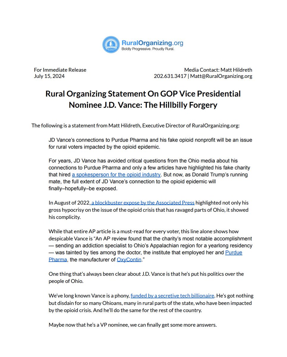 RuralOrganizing's tweet image. JD Vance is the The Hillbilly Forgery. Hopefully, now his connections to Purdue Pharma and his fake opioid nonprofit will be exposed. Here is our statement. ruralorganizing.org/press/ruralorg…
