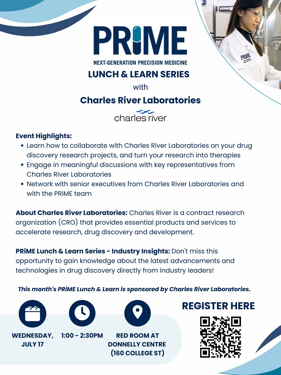 Join us this Wednesday for the PRiME Lunch &amp; Learn Series, sponsored by <a href="/CRiverLabs/">Charles River Labs</a> this month. Limited spaces available, secure your spot by registering at public.eve.utoronto.ca/events/4544.
