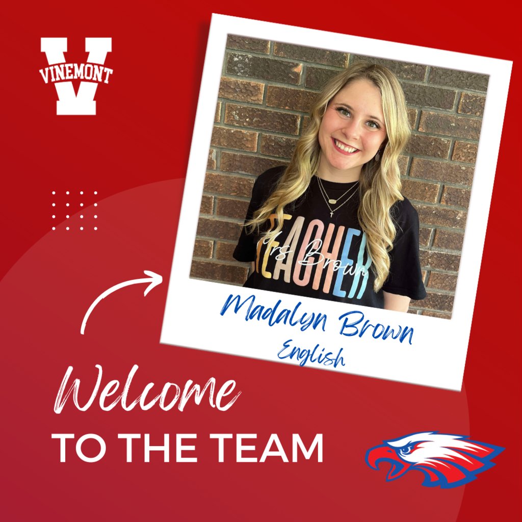 VinemontMiddle's tweet photo. We are excited to announce four new additions to our family: Austin Riddle teaching Science, Madalyn Brown teaching English, Charlie Travis teaching History, &amp;  Emy Hogland as our Assistant Principal. Go Eagles! https://t.co/LhaUgLnaQl
