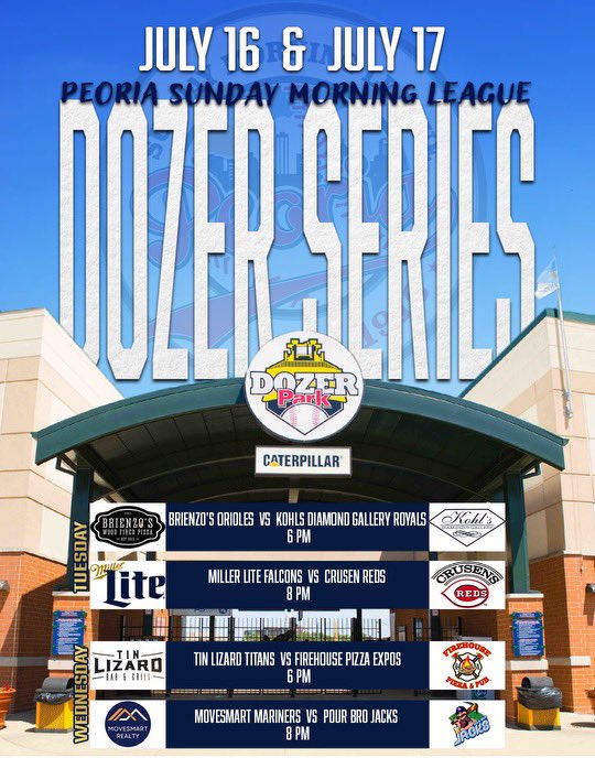THIS WEEK! FREE ADMISSION!⚾️

Tuesday 7/16 and Wednesday 7/17

A collection of the top collegiate and veteran baseball players in Central Illinois are playing in the Peoria Sunday Morning League “Dozer Series” at Dozer Park -  Home of the Peoria Chiefs 

⌚️Game times are at 6:00