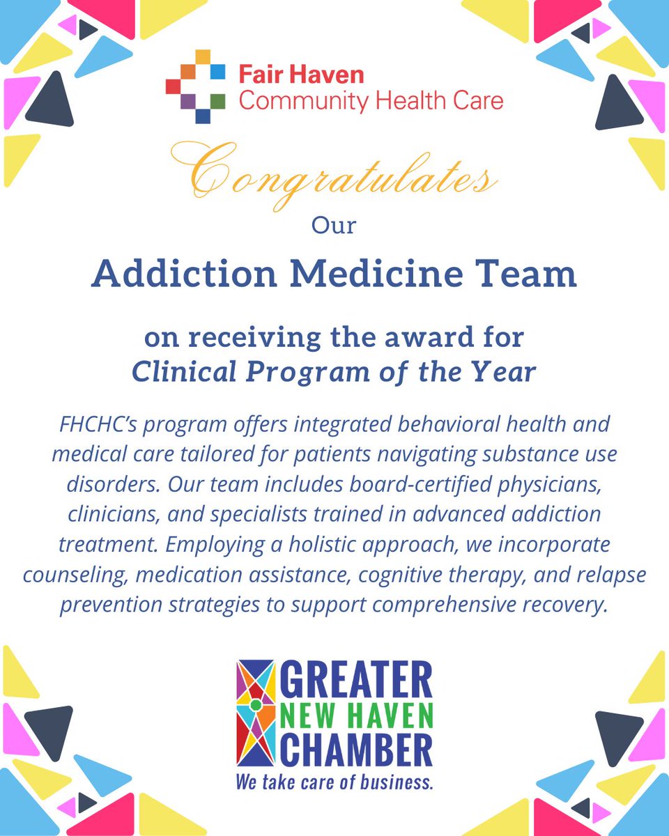 FairHavenCHC's tweet photo. ✨We would like to take some time to congratulate our Addiction Medicine Team for receiving the award for Clinical Program of the Year, presented by The Greater New Haven Chamber!

We are so proud of all of the hard work our Addiction Medicine Team does for our community!

#FHCHC https://t.co/uBaSQQt4t1