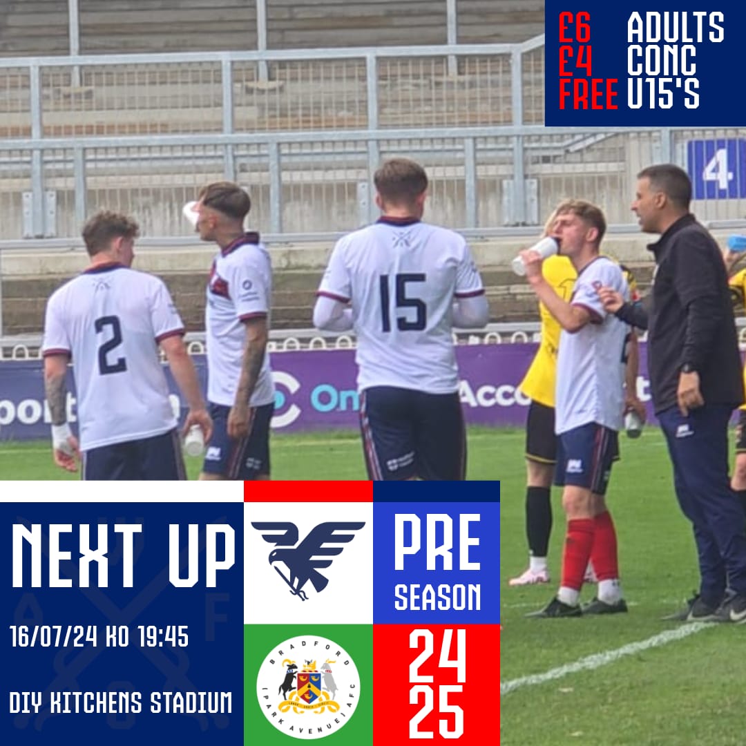NEXT UP 

🆚️ <a href="/bradfordparkave/">Bradford PA AFC</a> 
⏰️19:45 
📆 16/07
📍DIY KITCHENS STADIUM 

Adults £6 
Concession £4 
U15 Free 

Card and cash payments accepted on the day. 

Entry is via the East Stand, concourse will be open for food and drinks.