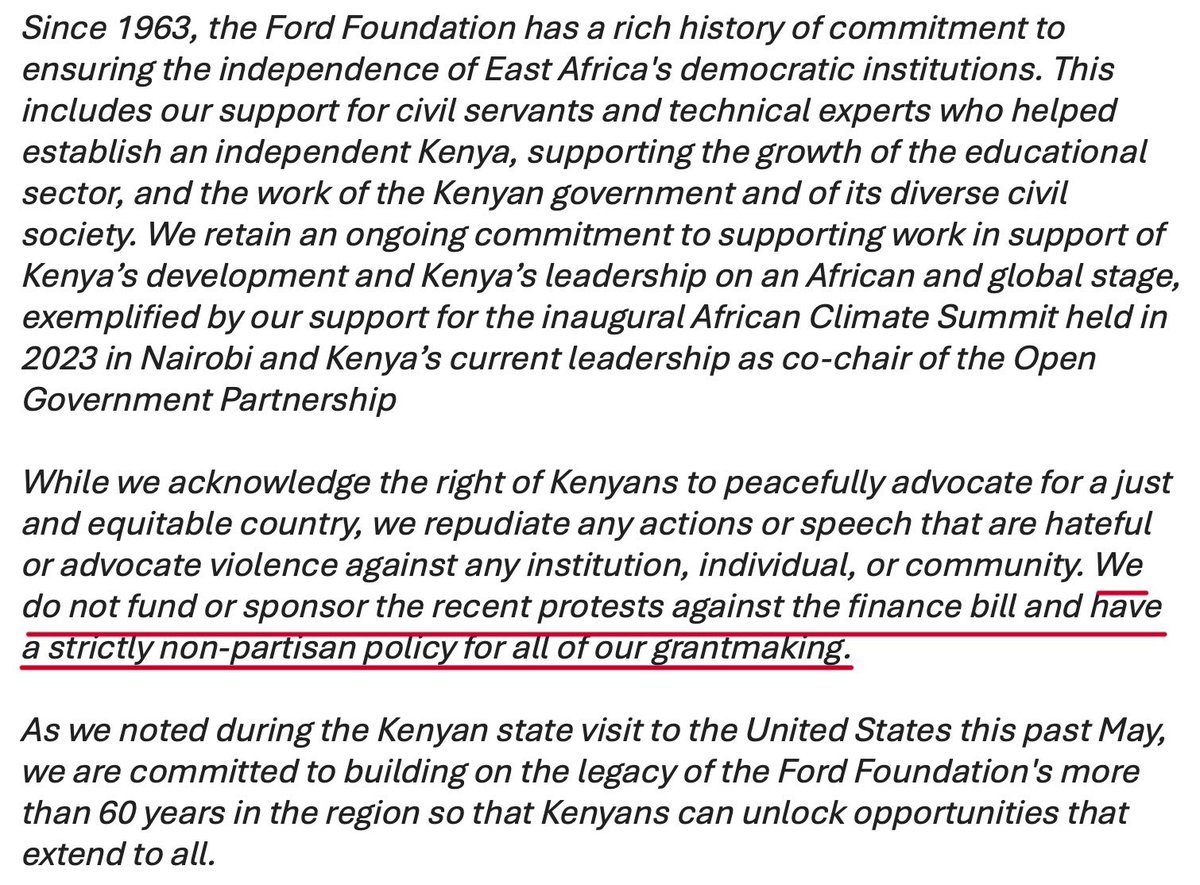 BREAKING: Ford Foundation denies sponsoring anarchy, violence and chaos in Kenya as claimed by President William Ruto.

“We do not fund or sponsor the recent protests against the finance bill and have a strictly non-partisan policy for all of our grantmaking.”