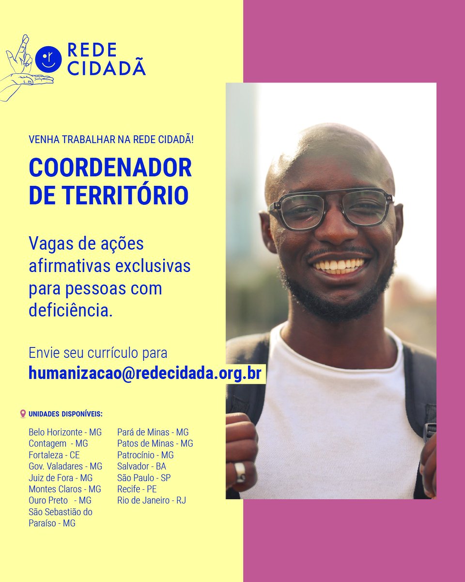 Temos vagas em diversos municípios do Brasil! Envie seu currículo para humanizacao@redecidada.org.br e compartilhe essa oportunidade com seus amigos! #RedeCidadã #VagaPCD #Diversidade #Inclusão