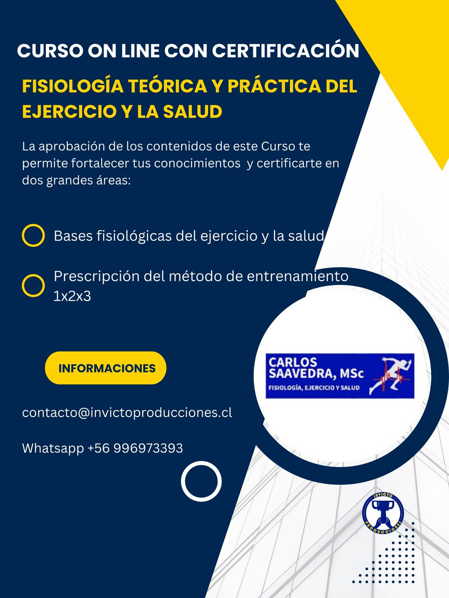 CURSO DE FISIOLOGÍA PRÁCTICA Y TEÓRICA DEL EJERCICIO Y DE LA SALUD, AGOSTO DE 2024

DIRIGIDO A: Profesores/as de Educación Física, Licenciados/as en Actividad Física, Nutricionistas, Médicos, Kinesiólogos/as, Entrenadores/as, Técnicos Deportivos, Preparadores/as Físicos