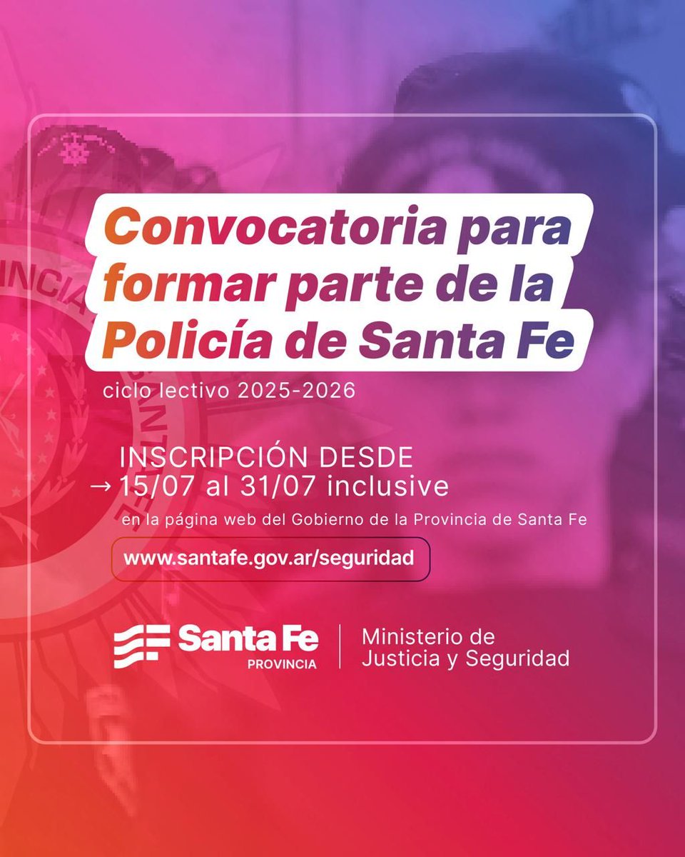 +INFO de Santa Fe #Policía
¿Querés ser parte de la policía?
Convocatoria para formar parte de la Policía de Santa Fe, desde hoy lunes 5 al 31 de julio inclusive, a través del sitio web de la Provincia. 
buff.ly/3S6mS1y