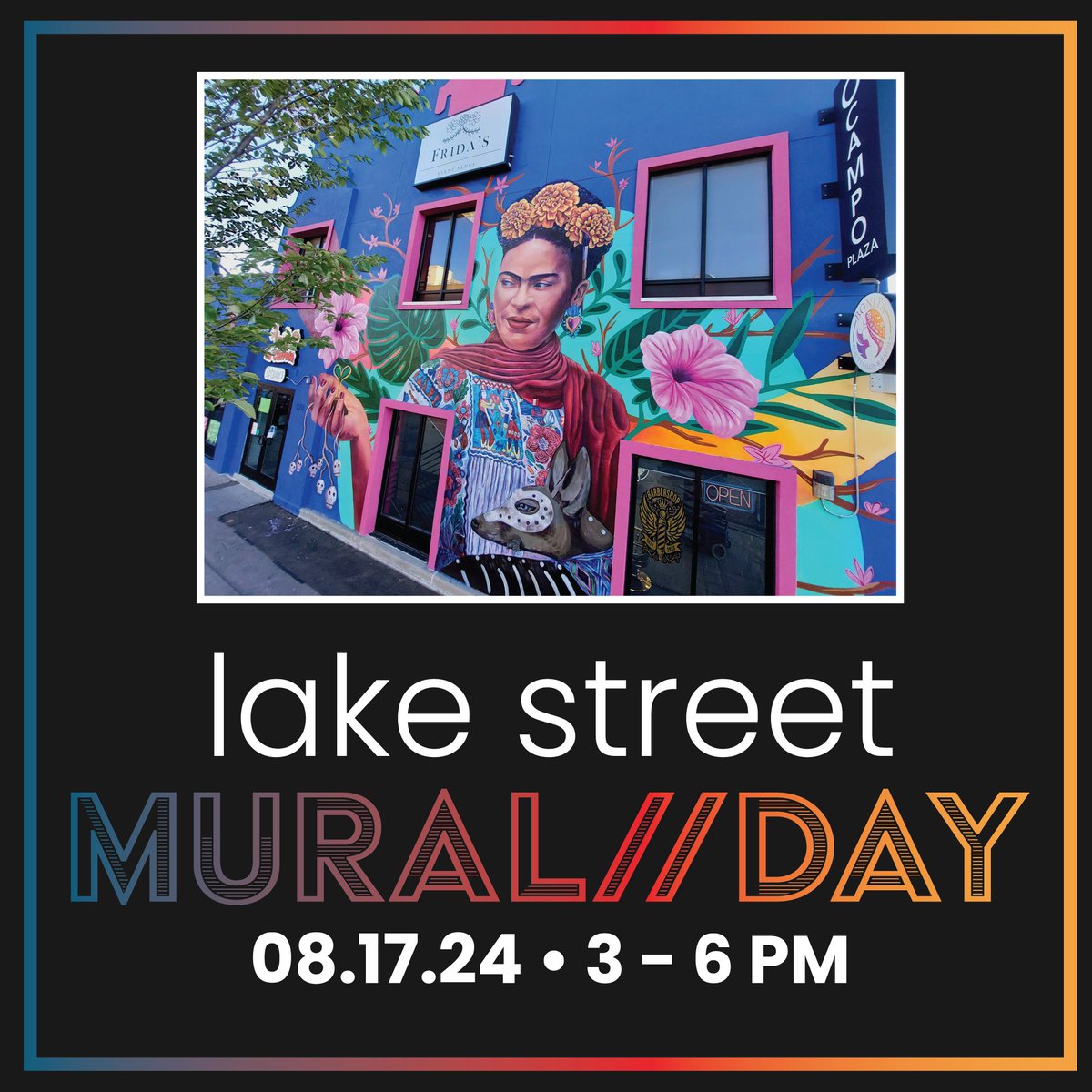 The first ever Lake Street Mural Day is August 17th, 2024 from 3 - 6 pm.

This 3-hour free family-friendly event will feature a festive sidewalk atmosphere filled with art, food, music, and activities!

Get your free tickets: visitlakestreet.com/lsc-events-mee…