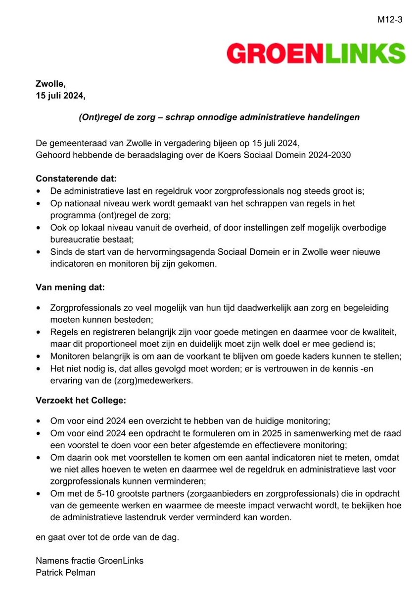 Heel blij dat mijn motie (ont)regel de zorg vanavond raadsbreed is aangenomen. Laten we geen onnodige administratieve handelingen vragen van onze zorgprofessionals in Zwolle #zgr <a href="/GLZwolle/">GroenLinks Zwolle</a>