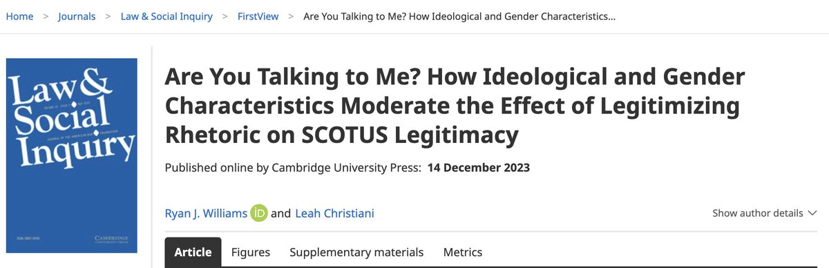 Law & Social Inquiry (@lsi_journal) on Twitter photo The US Supreme Court is under a legitimacy crisis. In LSI’s #firstview, Williams (<a href="/BatesCollege/">Bates College</a>) and @leahchristiani (<a href="/Hunter_College/">Hunter College</a>) highlight ideology, partisanship, and descriptive representation's effects on how and why the public supports the Court. bit.ly/3W3X07R The US Supreme Court is under a legitimacy crisis. In LSI’s #firstview, Williams (<a href="/BatesCollege/">Bates College</a>) and @leahchristiani (<a href="/Hunter_College/">Hunter College</a>) highlight ideology, partisanship, and descriptive representation's effects on how and why the public supports the Court. bit.ly/3W3X07R