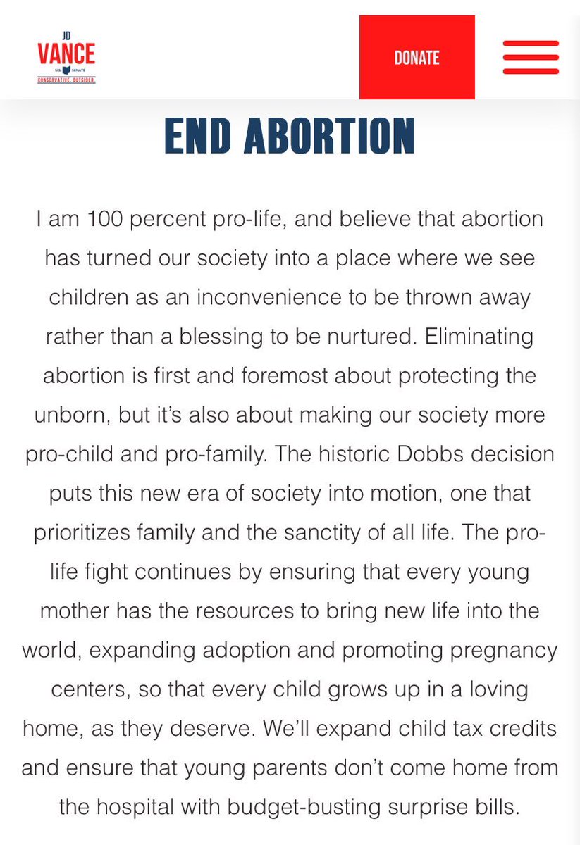 harryjsisson's tweet photo. BREAKING: This is STILL on J.D. Vance’s website. He wants to “end abortion” and take reproductive rights away from EVERY WOMAN in the United States. Insane. This is who they are. https://t.co/ShBkahl0WH