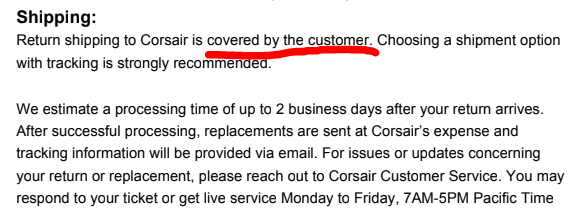 KeyboardKalani's tweet photo. @CorsairSupport @CORSAIR I think you missed the point. No other manufacturer demands the customer cover the shipping cost of the returned item - or even demands the defective item back. https://t.co/9DBr413Gdd