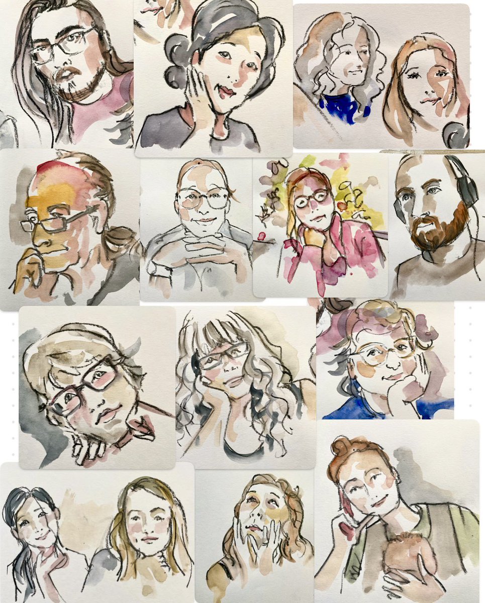 lyndseysmithart's tweet photo. One last hour of portraits before the summer break. Thank you @drawingisfree_org and all the smiling faces #drawingisfree #lineandwash #quickportraits https://t.co/B27gYNgelE