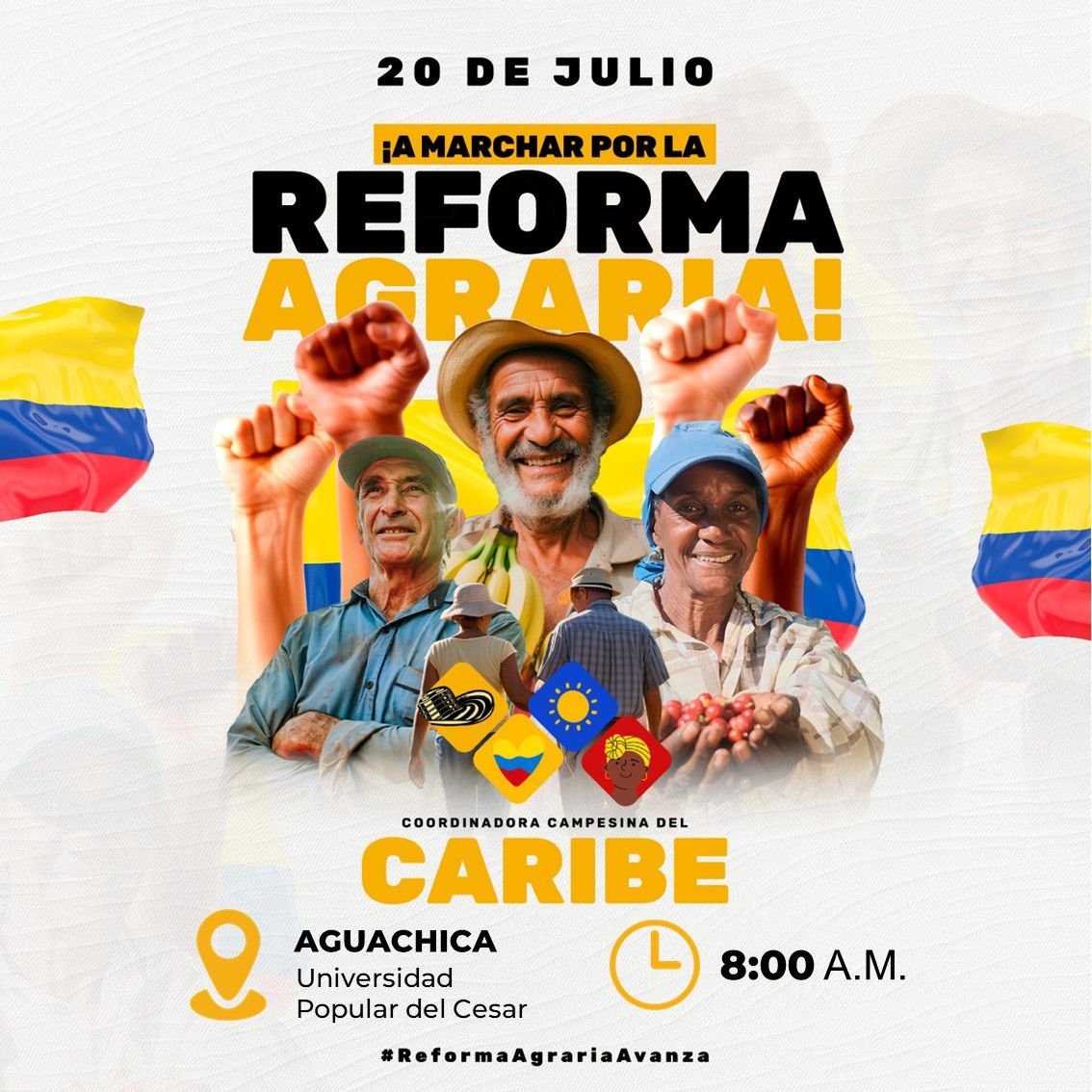 ccdelcaribe's tweet photo. Este sábado, 20 de julio, en Aguachica, marcharemos para defender la #ReformaAgraria del #GobiernoDelCambio.

Punto de encuentro: sede de la Universidad Popular del Cesar.

Hora: 8:00 a.m. 

¡En el Cesar, la Reforma Agraria es imparable! https://t.co/6TzI5TAXUT