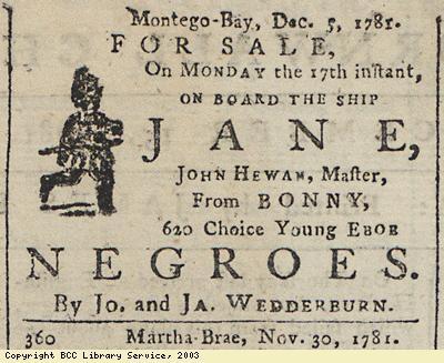 Advertising the sale of Igbo slaves, Montego Bay Jamaica 1781.