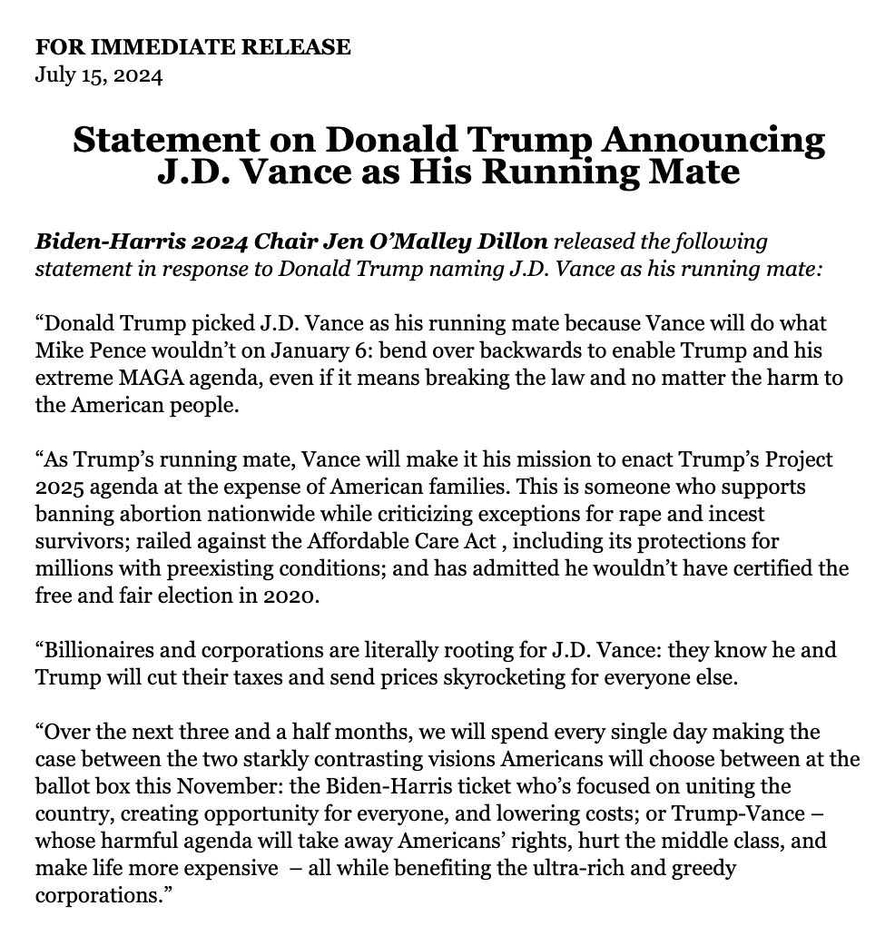 harryjsisson's tweet photo. OMG! President Biden’s campaign just released this statement on Trump picking J.D. Vance for VP and they absolutely DESTROY Trump. Every American needs to see this ASAP! https://t.co/OaI8DZZNFA
