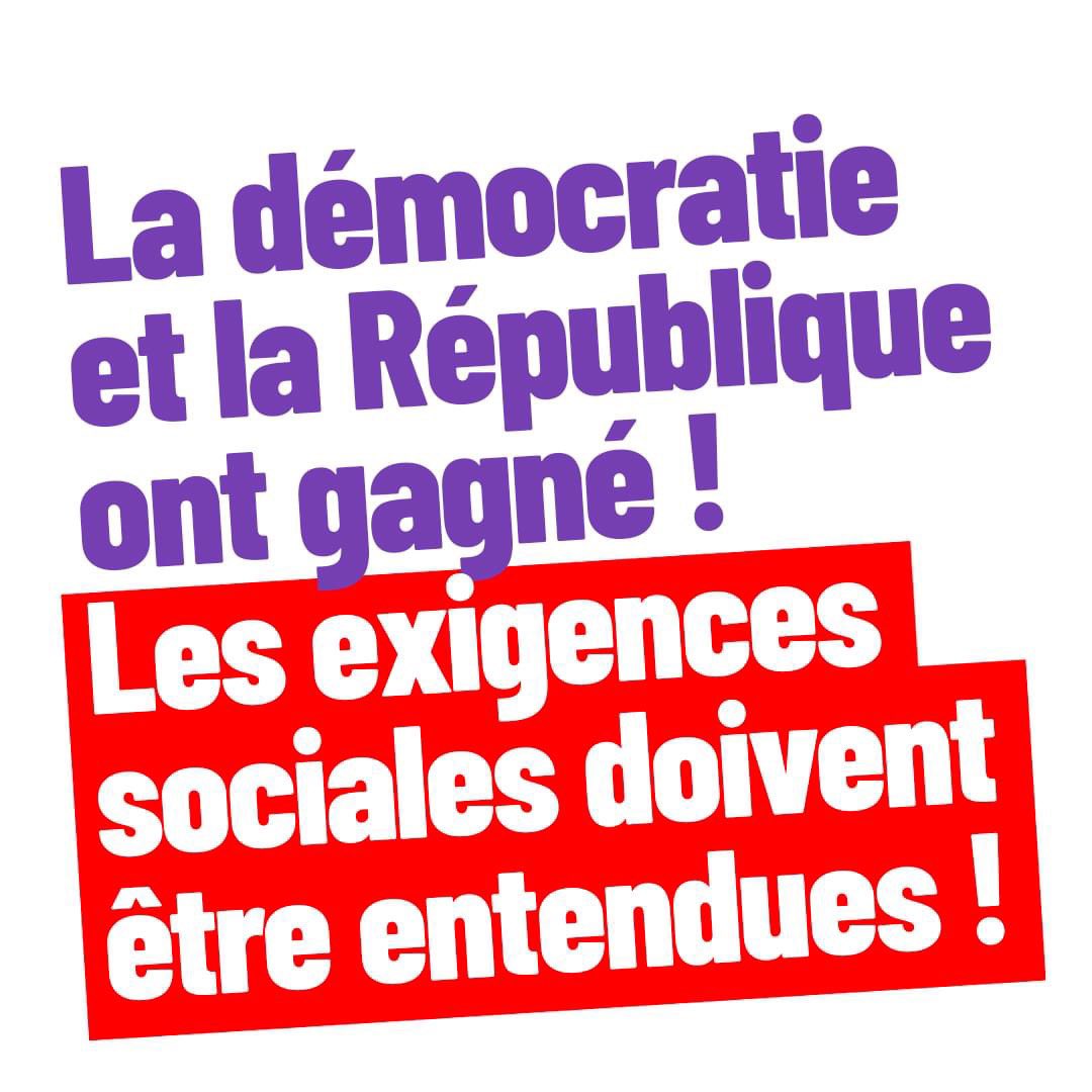 La démocratie et la République ont gagné ! Les exigences sociales doivent être entendues !
Le 18 juillet toutes et tous mobilisés partout en France pour le respect du vote populaire.