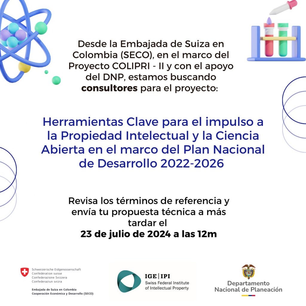 Lblancocruz's tweet photo. 🔬🧪🔍 #Convocatoria #Propiedad_Intelectual
¿Tienes experiencia en gestión de la propiedad intelectual? ¿Conocimiento en Ciencia Abierta?
📅 Revisa los términos y condiciones y envía tu propuesta técnica antes del 23 de julio a las 12m.
TDR: https://t.co/tvy1uzB9aO https://t.co/aCLCxx0KKb