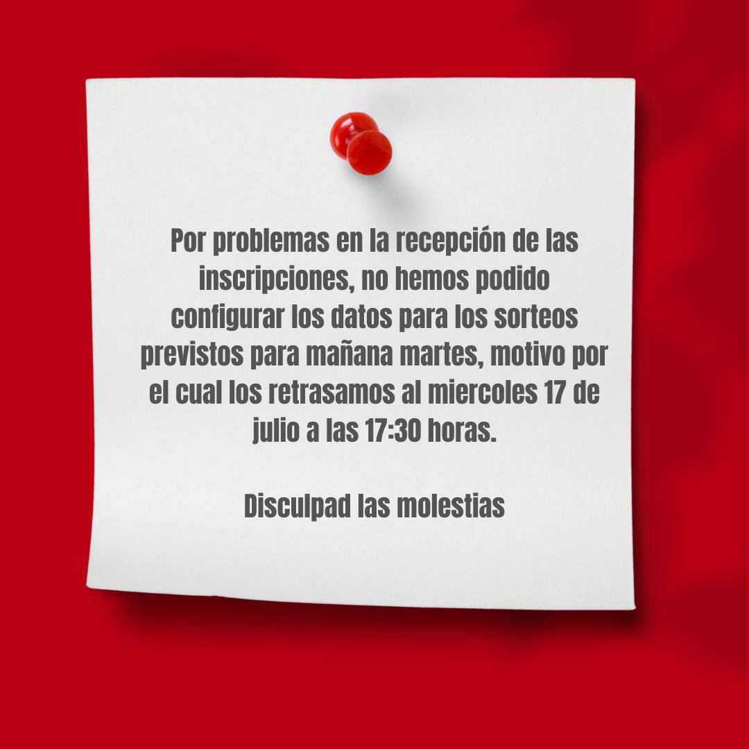 fedmadridbm's tweet photo. Por problemas en la recepción de las inscripciones no hemos podido configurar los datos para los sorteos previstos para mañana, motivo por el cual los retrasamos al miercoles 17 de julio a las 17.30 horas.

Un saludo y disculpad las molestias. https://t.co/jcS0npw0pX