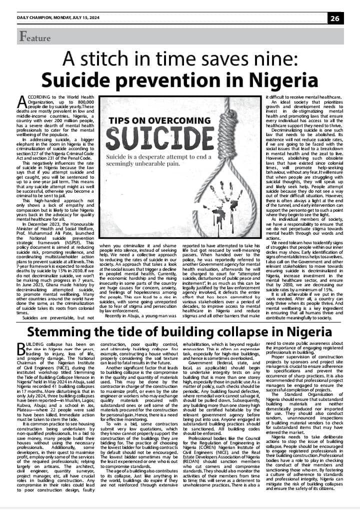AishaBubah's tweet photo. I wrote a piece for a newspaper, expressing my concerns about the criminalization of suicide in Nigeria and calling on the Govt to change that and promote the implementation of the National Suicide Prevention Framework.
You can read the online version here https://t.co/ih72549HKS https://t.co/678iw26HCx