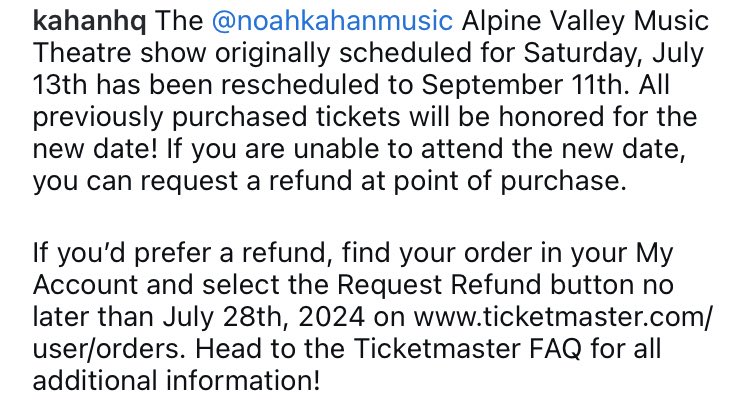 NoahKahanNation's tweet photo. 🏟️| The Alpine Valley show has been rescheduled to September 11th. All tickets will be honored, and refunds are available at point of purchase. https://t.co/2IGCnoeYTq