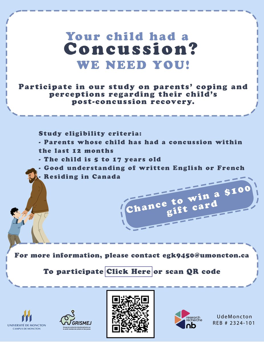 CCN_RCC's tweet photo. Research participation opportunity for parents!

Researchers at @umoncton are looking for parents to take part in a study about the role of parents in their child's recovery after a concussion. 

To read more about the study and how to join: https://t.co/QA9CEG8HWI https://t.co/0l1MhPsgtm