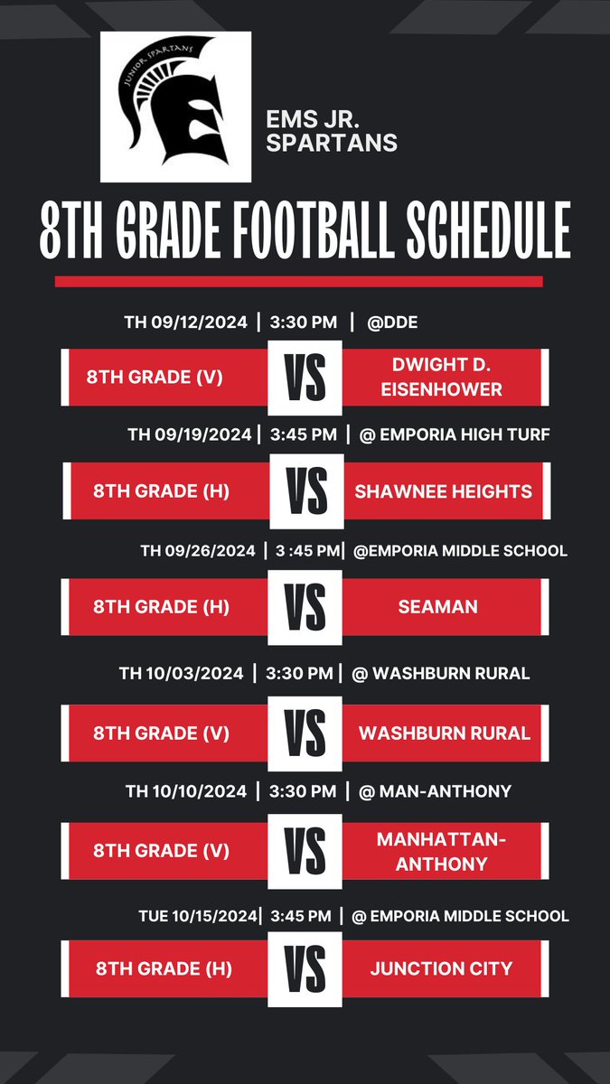 T- 59 days until Kick-Off 2024. Here is the 8th Grade Jr. Spartan football schedule for 2024-25.