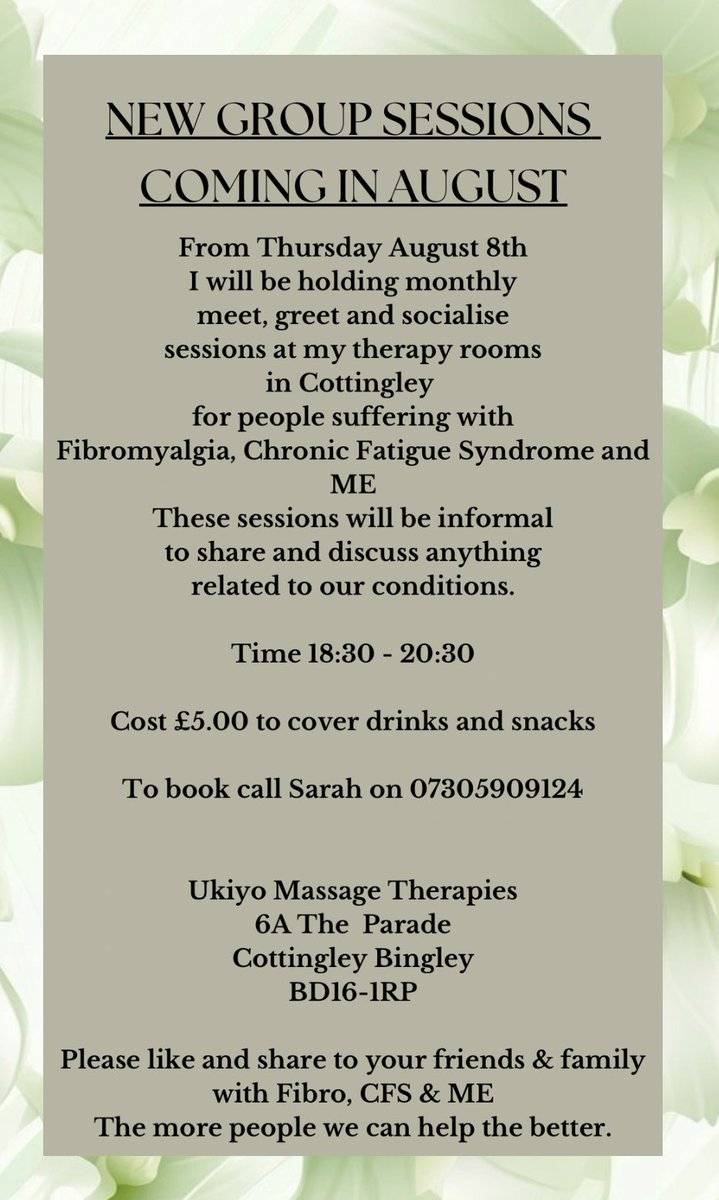 SCINCLINIC's tweet image. ☺️☺️☺️ It’s come to my attention that Bingley and surrounding areas do not have any support groups for sufferers of Fibromyalgia, Chronic Fatigue Syndrome and ME, so I’m starting one! 
Please like and share to anyone who may benefit from these meetings 😊😊😊