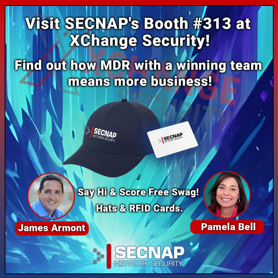SECNAP's tweet photo. Level Up Your Security Portfolio at XChange Security!  Stop by SECNAP’s Booth #313 and discover CloudJacket MDR, the partner-centric solution to elevate your offerings. Built for the Channel &amp; Combats Evolving Threats. Empower Your Clients.  Free Swag: Grab a hat or RFID card! https://t.co/514Q2LDU2Y