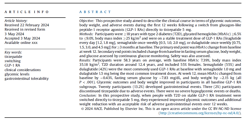 Recientemente se ha puesto en marcha la comercialización en 🇪🇸de #tirzepatide, un nuevo fármaco GLP1-GIP indicado para el tratamiento de la DM2 y la obesidad. 

En este trabajo se analizan los resultados glucémicos de 👥en tratamiento con #GLP1 que cambian a #tirzepatide

Hilo👇