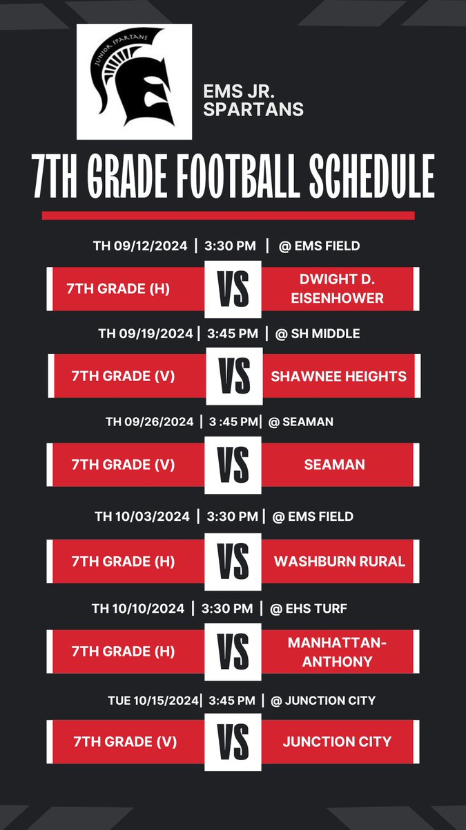 T-59 Days until kick-off 2024-25. Here is the 7th grade Jr. Spartan football schedule.