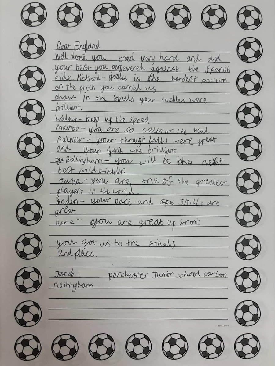Porchester are so proud of how far the England football team came in the Euros this year ⚽️

We reflected on how the England team have demonstrated our school values. 

Check out our inspirational letters to the England squad 🏴󠁧󠁢󠁥󠁮󠁧󠁿

<a href="/FlyingHighTrust/">Flying High Partnership</a> <a href="/GarethSouthgate/">Gareth Southgate</a> <a href="/EnglandFootball/">England Football</a>