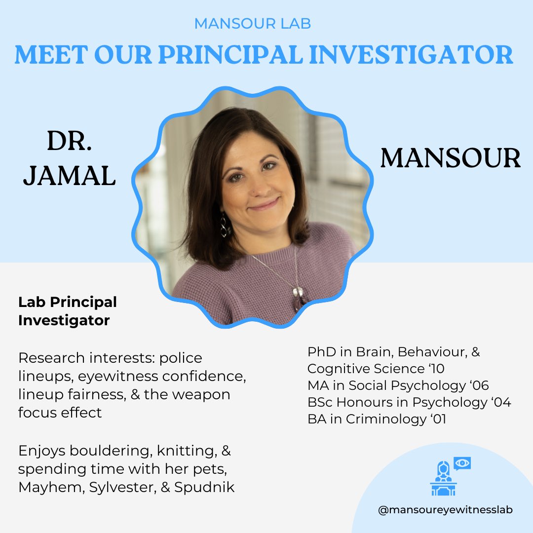 Eyewitness Research (@eyewitness_lab) on Twitter photo Meet our lab’s Principal Investigator, Dr. Jamal Mansour! She has many research interests including police lineups, lineup fairness, eyewitness confidence & the weapon focus effect. Don’t be shy and say hi if you see her around! <a href="/eyewitnessIDup/">Dr Jamal K Mansour</a> #research #lineups #confidence Meet our lab’s Principal Investigator, Dr. Jamal Mansour! She has many research interests including police lineups, lineup fairness, eyewitness confidence & the weapon focus effect. Don’t be shy and say hi if you see her around! <a href="/eyewitnessIDup/">Dr Jamal K Mansour</a> #research #lineups #confidence