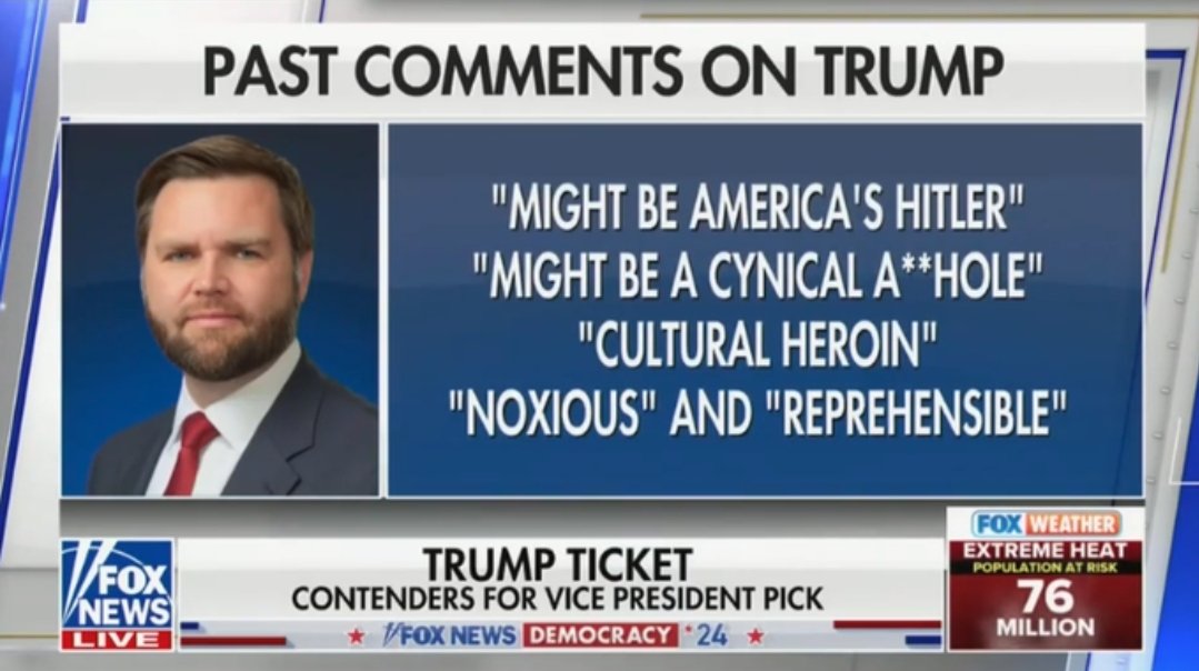 Christo12919382's tweet photo. @TheRickWilson JD VANCE: "TRUMP IS AMERICA'S HITLER!" How do you walk THAT back? https://t.co/fvTKmnRBBV