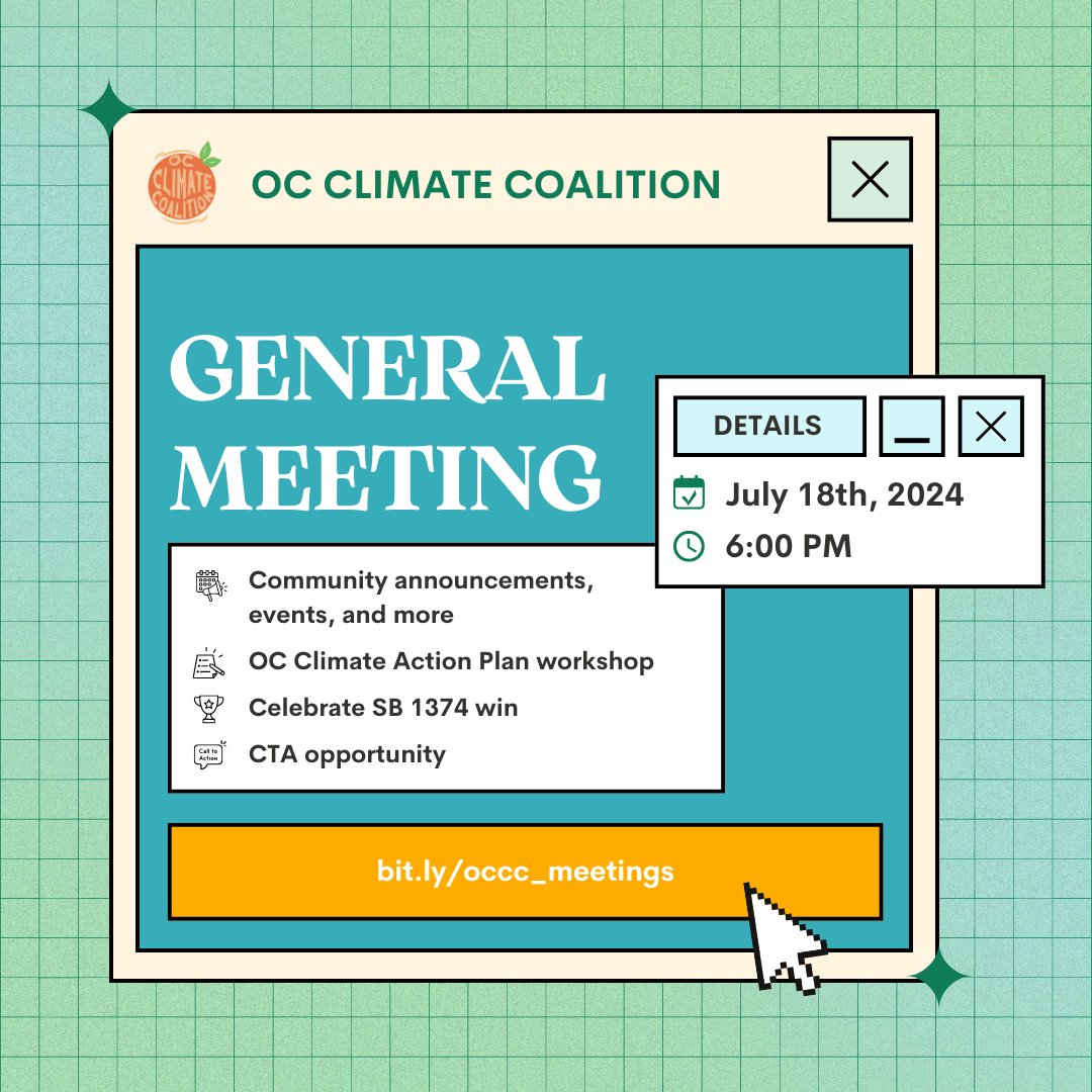 Don't forget to join us at our July general meeting THIS Thursday at 6:00 pm. We've got a great agenda, including:

⚡ Community announcements and events
⚡ OC Climate Action Plan workshop
⚡ Celebrate SB 1374 win
⚡ CTA opportunity... and more! 

Zoom ➡️ bit.ly/occc_meetings