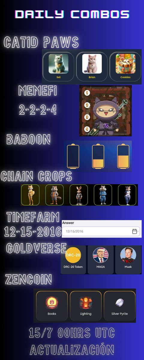 ChicaMaster492's tweet photo. Actualizado #DailyCombo Combos de hoy #gemz #airdrop #dailycombo #ciphercode #HamsterKombat #Airdrop #memefi #tapswap #pixeltapdailycombo #pixelverse #Goldverse #TelegramAirdrops #gemz #rockyrabbit #Baboon #timefarm #chaincrops #ZenCoin #SpellWallet #TimerFarm
Like❤️ y RT🔃 https://t.co/3MFtmn5A6e