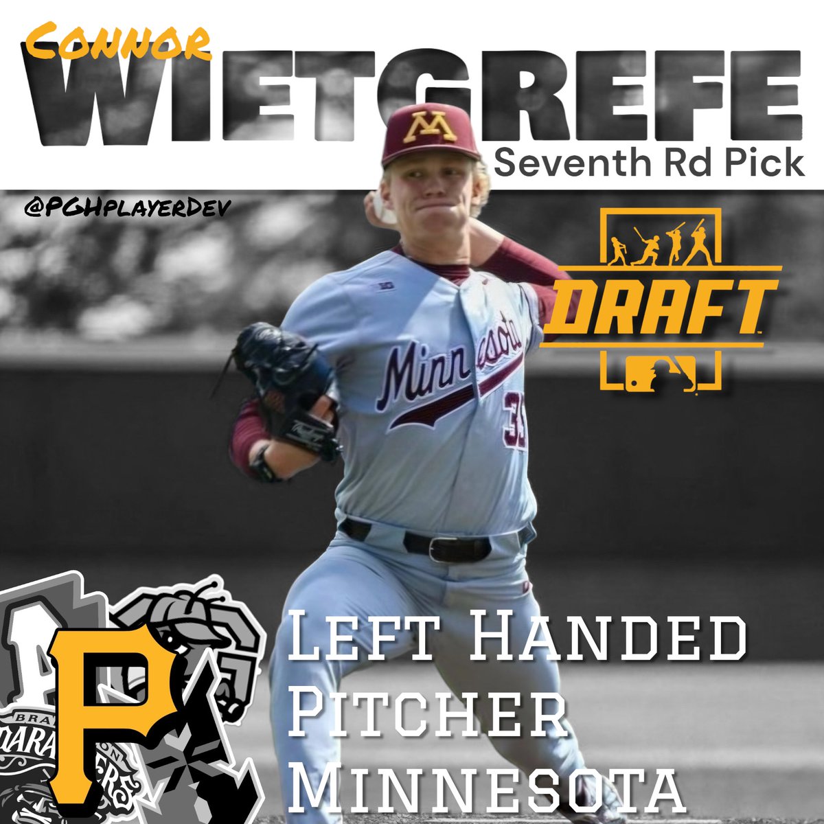 Pittsburgh Pirates Player Development Report (@pghplayerdev) on Twitter photo With the 204th pick, the <a href="/Pirates/">Pittsburgh Pirates</a> select LHP Connor Wietgrefe out of the University of Minnesota.
#LetsGoBucs With the 204th pick, the <a href="/Pirates/">Pittsburgh Pirates</a> select LHP Connor Wietgrefe out of the University of Minnesota.
#LetsGoBucs