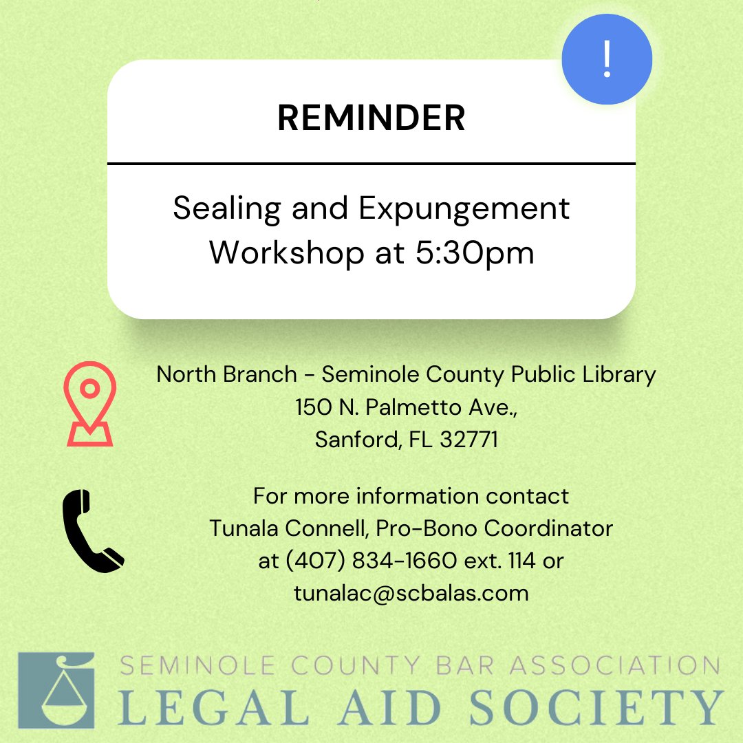 #TONIGHT join us live and in-person at the Sanford Library for our Sealing and Expungement workshop. #sealing #ClearYourRecord #FreeLegalAid #FreeLegalAdvice