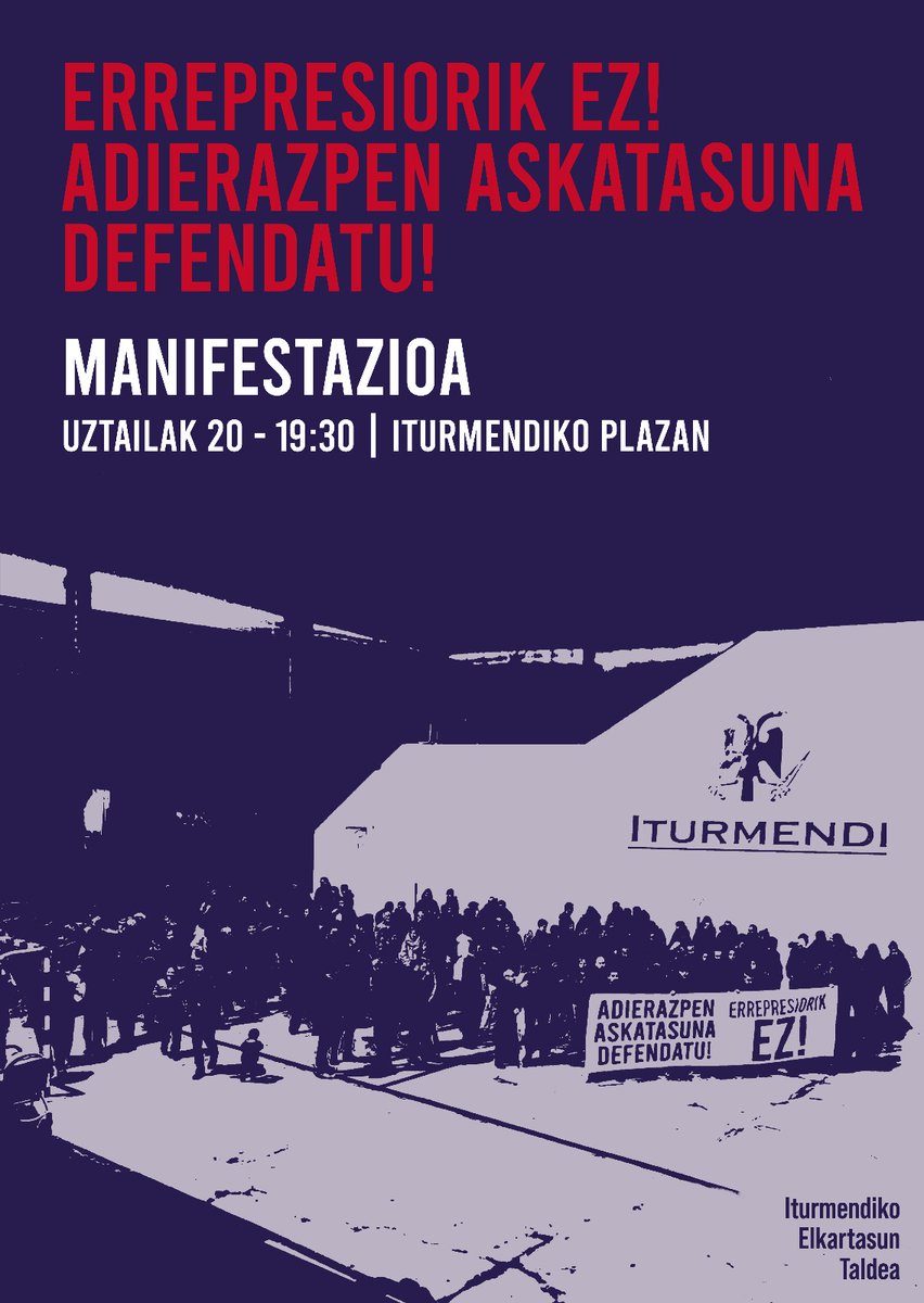 Datorren Uztailaren 20an arratsaldeko 19.30etan Iturmendin deitutako manifestaldian parte hartzeko deia luzatzen dugu. 

ERREPRESIOAREN AURREAN AMNISTIA OSOA!
