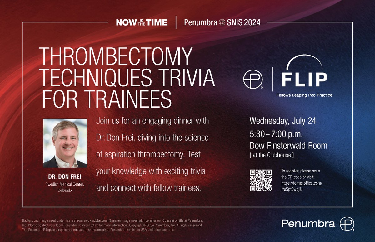 Don’t miss our FLIP trivia event at SNIS on July 24th at 5:30 PM! Join Dr. Don Frei for an interactive dinner on thrombectomy techniques for fellows &amp; residents! Register here or find us at booth #501 to save your spot!
forms.office.com/r/uSptSwbjiU #FellowsLeapingIntoPractice