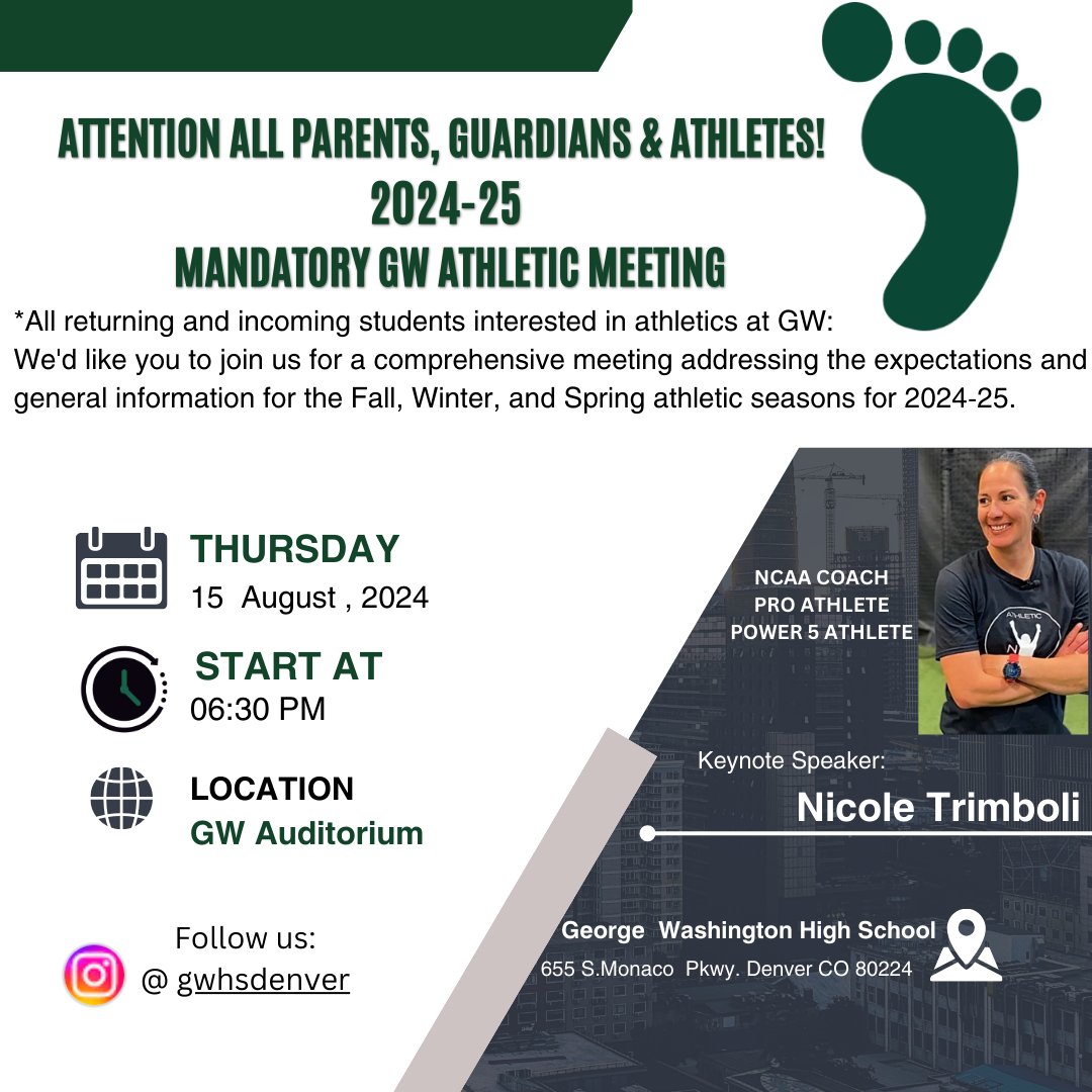 🚨 Attention all returning and incoming GW athletes! 🚨

Mark your calendars for the 2024-25 mandatory parent/guardian and athlete meeting on August 15th at 6:30 PM in GW's auditorium. We'll cover everything you need about the upcoming Fall, Winter, and Spring athletic seasons!