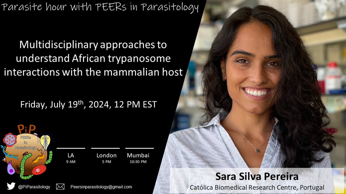 📢Parasite Hour with PiP is back. Please join us on Friday 19th at noon EST for <a href="/sara_spereira/">Sara Silva Pereira</a>'s talk. She is a parasitologist passionate about trypanosomatids who started working on Leishmaniasis and Chagas disease, &amp; moved to African trypanosomiasis.
iu.zoom.us/webinar/regist…