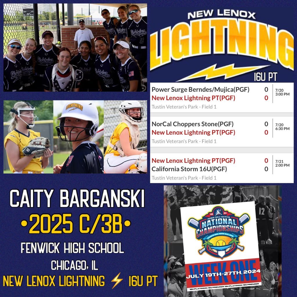 Nationals are here!!!! This our schedule for California. Can’t wait to see what we can do. Come check us out!! <a href="/UIC_Softball/">UIC Softball 🔥🥎</a> <a href="/LewisSoftball/">Lewis Softball</a>
<a href="/LFCollegeSB/">Lake Forest College Softball</a> <a href="/GBPhoenixSB/">Green Bay Softball</a>
<a href="/OlivetSoftball/">Olivet Softball</a> <a href="/IlliniSB/">Illinois Softball</a> <a href="/NUSBcats/">Northwestern Softball</a>
<a href="/BradleySoftball/">Bradley Softball</a> <a href="/lo_gambone/">Lauren Gambone</a> <a href="/RamblersSB/">Loyola Softball</a> <a href="/DePauwU/">DePauw University</a> <a href="/DePaulSB/">DePaul Softball</a> <a href="/LenoxPt/">New Lenox Lightning 16U PT</a>