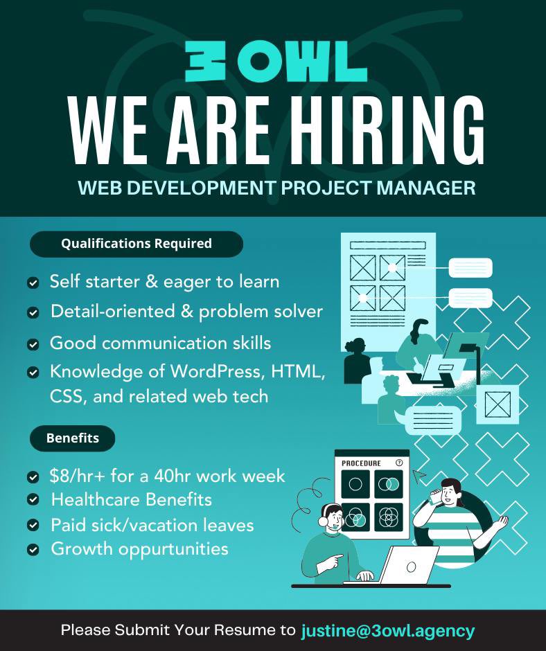 justinerianner's tweet photo. 3Owl is hiring Filipino talent! Position open is Web Development Project Manager 😊

Comes with HMO and paid vacation/sick leaves.

If you’re interested, please send your resume, voice recording introduction and the keyword “potato” in your cover letter to justine@3owl.agency. 📥 https://t.co/gFXEnsWegN