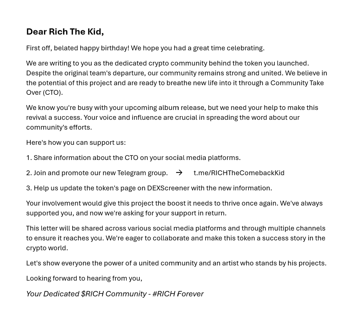 Dear <a href="/richthekid/">Rich The Kid</a>, your community need your help
We want to see $RICH shine again, new team (old one were scammers), new beginning 🔥

t.me/RICHTheComebac…