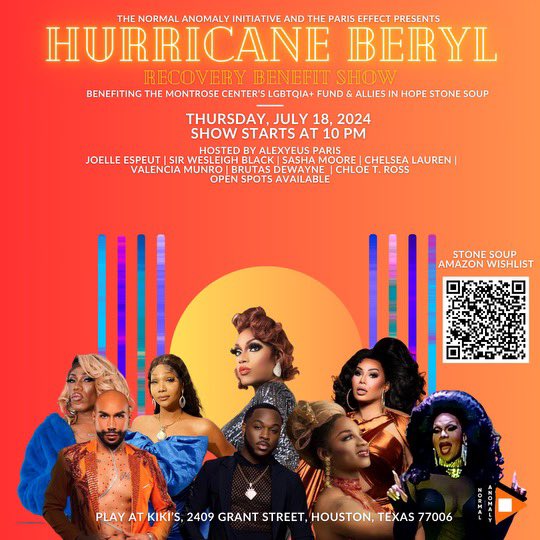 The Normal Anomaly Initiative (@_normalanomaly) on Twitter photo 7/18/24, 10pm
The Hurricane Beryl Recovery Benefit Show, benefiting <a href="/MontroseCenter/">the Montrose Center</a> LGBTQIA+ Fund and <a href="/AIHHou/">Allies In Hope Houston</a> Stone Soup.
All donations will go to the LGBTQIA+ Fund (with non-perishable food items going to Stone Soup).
secure.givelively.org/donate/the-mon… 7/18/24, 10pm
The Hurricane Beryl Recovery Benefit Show, benefiting <a href="/MontroseCenter/">the Montrose Center</a> LGBTQIA+ Fund and <a href="/AIHHou/">Allies In Hope Houston</a> Stone Soup.
All donations will go to the LGBTQIA+ Fund (with non-perishable food items going to Stone Soup).
secure.givelively.org/donate/the-mon…